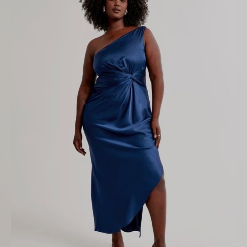 One Shoulder Satin Knotted Midi Dress.